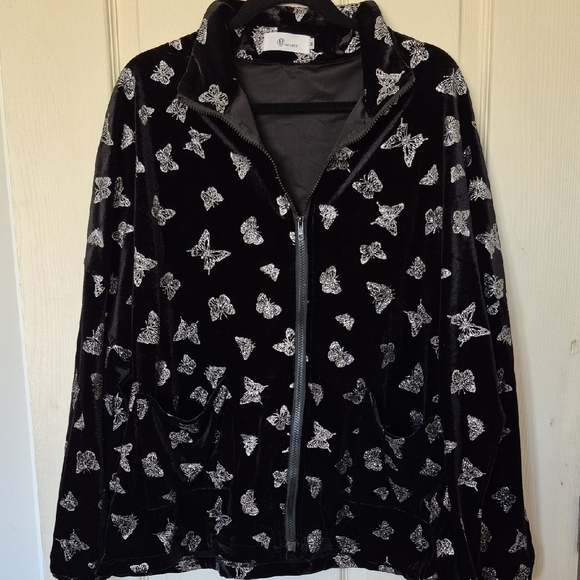 Black Butterfly Print Velvet Jacket - Picture 1 of 5